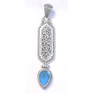 Sarda 925 Sterling Silver Balinese Filigree Blue Topaz Pear Drop Pendant